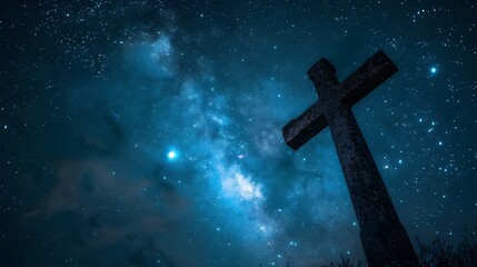 Majestic Cross Against Starry Night Sky Serene and Powerful Spiritual Symbol