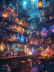 A dimly lit, mystical alchemy lab filled with glowing potions and bubbling concoctions.