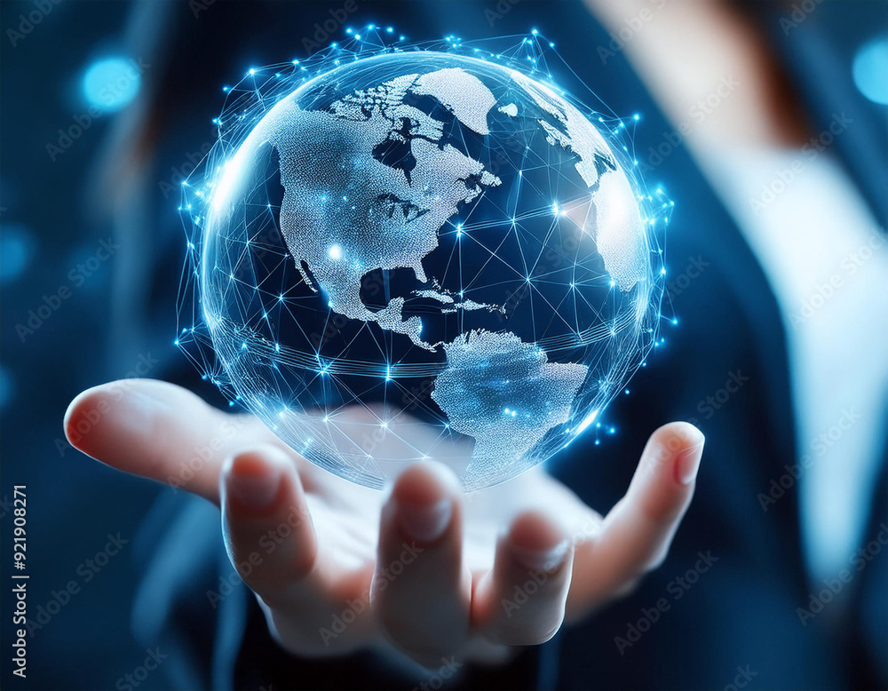 Poster 3d rendering of businessman holding global network and data exchange on earth