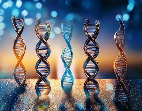 Abstract DNA 3D Rendered Illustration. Hologram of rotating DNA double helix glowing blue. Science and medicine concepts. - Powered by Adobe