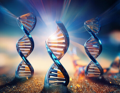 Abstract DNA 3D Rendered Illustration. Hologram of rotating DNA double helix glowing blue. Science and medicine concepts.