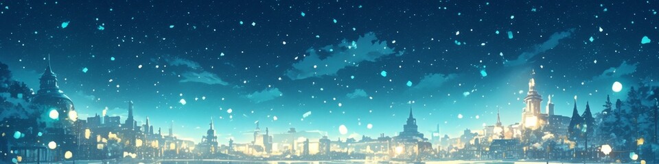 Naklejka premium Enchanting Winter Cityscape: Anime-Style Snowy Night with Twinkling Lights. Magical Urban Wonderland Blends Festive Cheer and Serene Beauty, Perfect for Creative Marketing, Game Design, and Holiday Ar