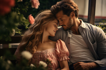 Fototapeta premium Joyful couple embracing and kissing generative AI image
