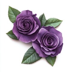 Close up of Beautiful purple rose flowers with leaves on an isolated white background