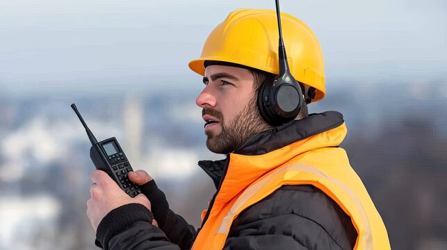 A professional engineer in an orange vest and yellow helmet communicates at the urban riverbank on a sunny day