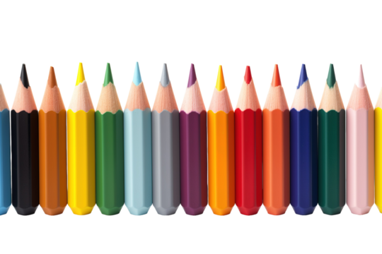 A Vibrant Array of Colored Pencils Displayed Artistically on a White Surface on White or PNG Transparent Background.