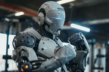 Fototapeta premium Robot cyborg humanoid helper in activities of daily life routine living with people, Generative AI