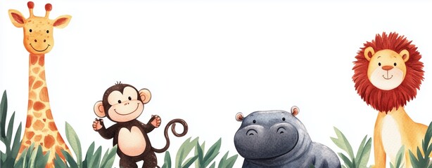 Naklejka premium Zoo animals at play, giraffe, monkey, hippo, and lion, on white background, watercolor style.