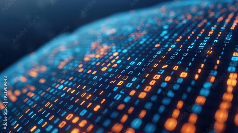 Poster abstract representation of digital data flow with glowing binary code in blue and orange colors, sho