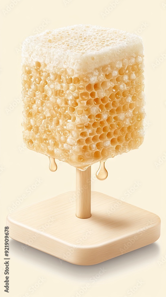 Poster a mesmerizing display of honey cascading from a golden honeycomb on a wooden stick against a soft ye