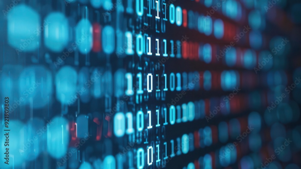 Poster close-up of digital binary data displayed in vibrant colors, showcasing technology and information f