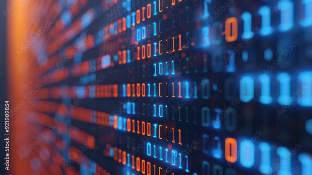 Poster close-up of vibrant binary code displayed on a digital screen, showcasing the beauty of technology a