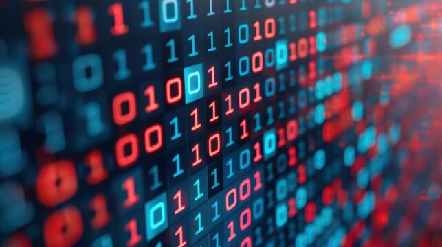 Colorful binary code background representing digital data transmission and cybersecurity. Ideal for tech-related projects.