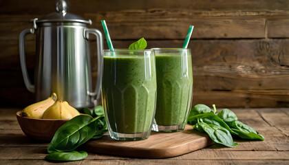close up of jug with Healthy green juice from organic kale, spinach, cucumber, apple, and lemon for detox