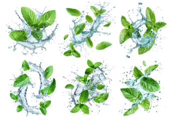 Set of fresh green mint leaves splashing with water, cut out