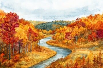 Obraz premium A serene autumn landscape with a winding river surrounded by colorful trees showcasing vibrant fall foliage under a cloudy sky.