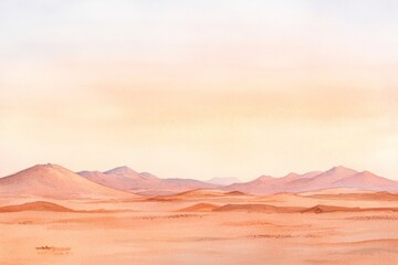 Naklejka premium A serene desert landscape with sand dunes and distant mountains under a soft, pastel sky. Perfect for backgrounds or nature-themed projects.