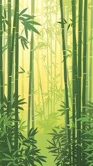 A serene bamboo forest with tall green stalks and lush leaves, illuminated by soft sunlight filtering through the foliage.