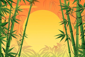 Fototapeta premium A serene bamboo forest at sunset with a vibrant orange sky and lush green foliage, creating a peaceful and calming atmosphere.