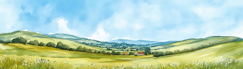 Fototapeta premium A serene landscape with rolling hills, green fields, and a distant village under a blue sky. Perfect for nature and countryside themes.