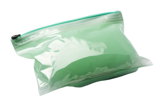Transparent Green Travel Pouch Filled With Travel Accessories on a Light Background on White or PNG Transparent Background.