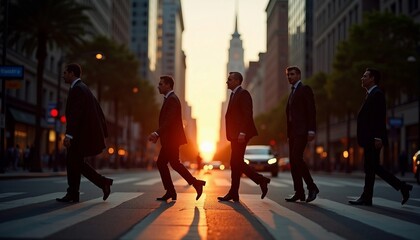 Obraz premium As the sun sets in NYC, silhouettes of businesspeople cross the street, casting long shadows and capturing the city's vibrant energy.