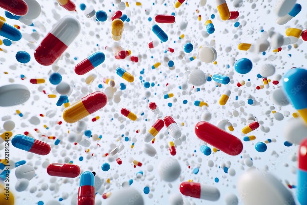 Poster an array of colorful pills and capsules scattered with dynamic energy on a bright background