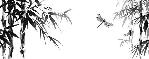 Obraz premium Elegant black and white bamboo illustration with dragonflies, perfect for wall art and decor, showcasing minimalistic Asian-inspired design.