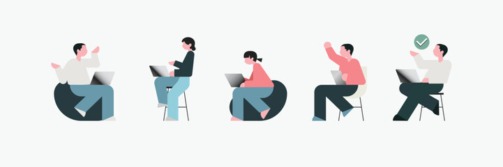 Illustration set of isolated people with computers at workplace virtual video conference call and meeting. Diverse men and women with laptops at remote work online business

