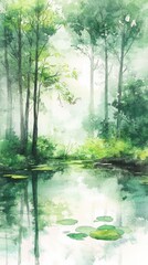 Obraz premium A serene watercolor painting of a lush forest by a tranquil pond with lily pads, perfect for nature-themed projects.