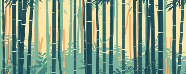 Illustrated view of a serene bamboo forest with tall green stalks and soft light filtering through, creating a peaceful and natural scene.