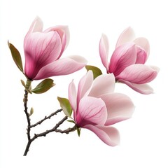 Fototapeta premium Close up of Beautiful pink spring magnolia flowers with leaves on an isolated white background