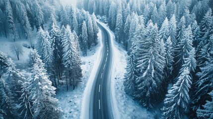 Aerial view of a winding road through a snow-covered forest.