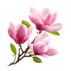 Close up of Beautiful pink spring magnolia flowers with leaves on an isolated white background