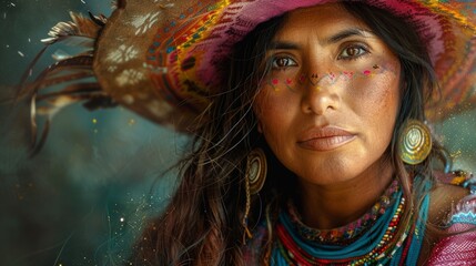 Portrait of an indigenous woman looking at the camera smiling and happy. Hispanic woman.