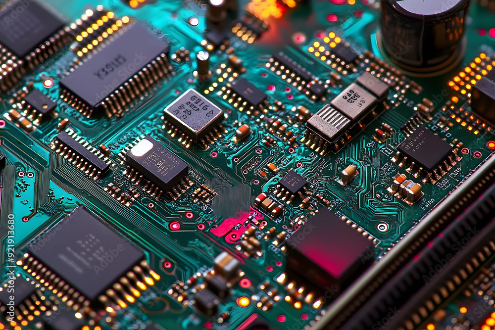 Poster close-up of computer circuit board components,