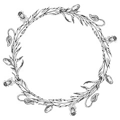 Obraz premium Hand drawn vector graphic botanical illustration flowers leaves. Red poppy papaver, stems buds seedpods. Wreath frame isolated white background. Design wedding, love cards, remembrance day stationery