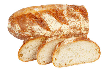 loaf of fresh baked bread with sliced pieces isolated on white background