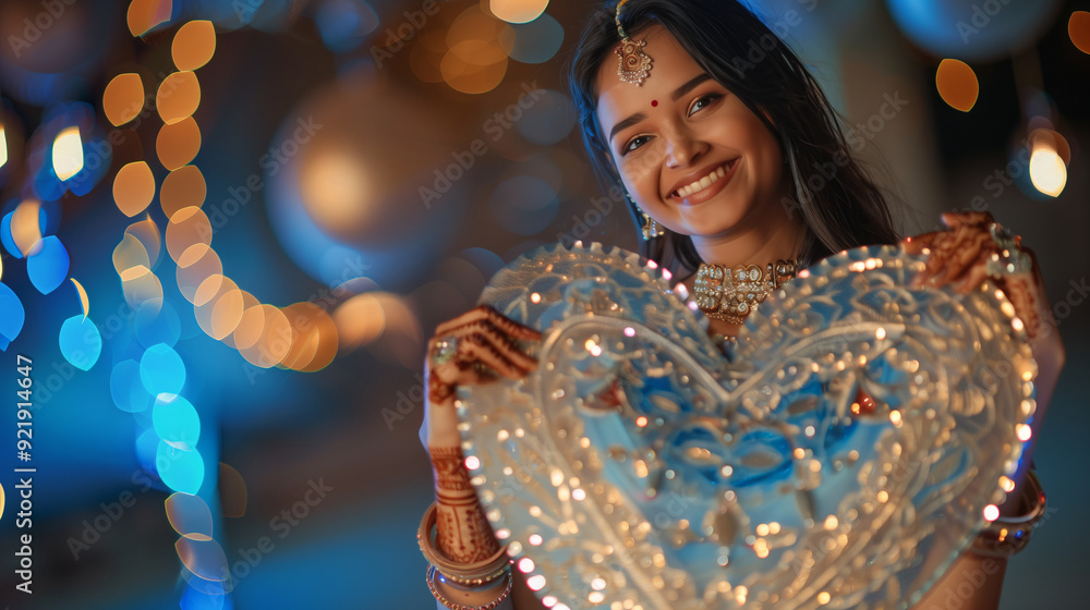 Sticker Indian woman wearing blue and silver lehenga, festival look, holding big silver heart-shaped board