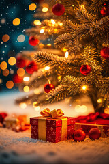 Beautifully decorated Christmas tree with red ornaments and gold tinsel, set against a snowy backdrop. In the foreground, there is a gift wrapped in red paper with a bow on top, placed next to a