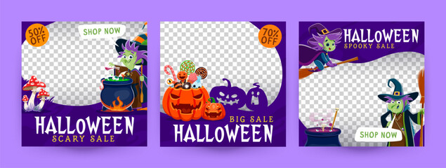 Halloween sale banner templates, witch and holiday sweets bucket, pumpkins, cauldron and amanita mushroom. Vector frames featuring bewitching discount offers, eerie text screams savings and spooky fun
