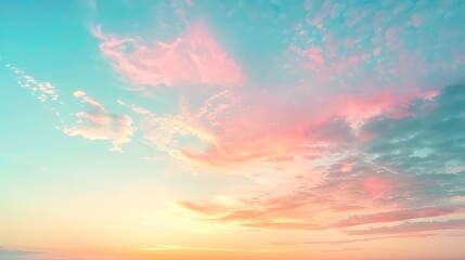 Obraz premium Pastel sky gradient, baby blue to light pink, smooth transition, soft and delicate colors, calm and serene, high-definition, morning ambiance. --ar 16:9 --v 6.0 --s 250 --style raw