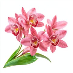 Fototapeta premium Close up of rosy beautiful orchid with leaves on an isolated white background
