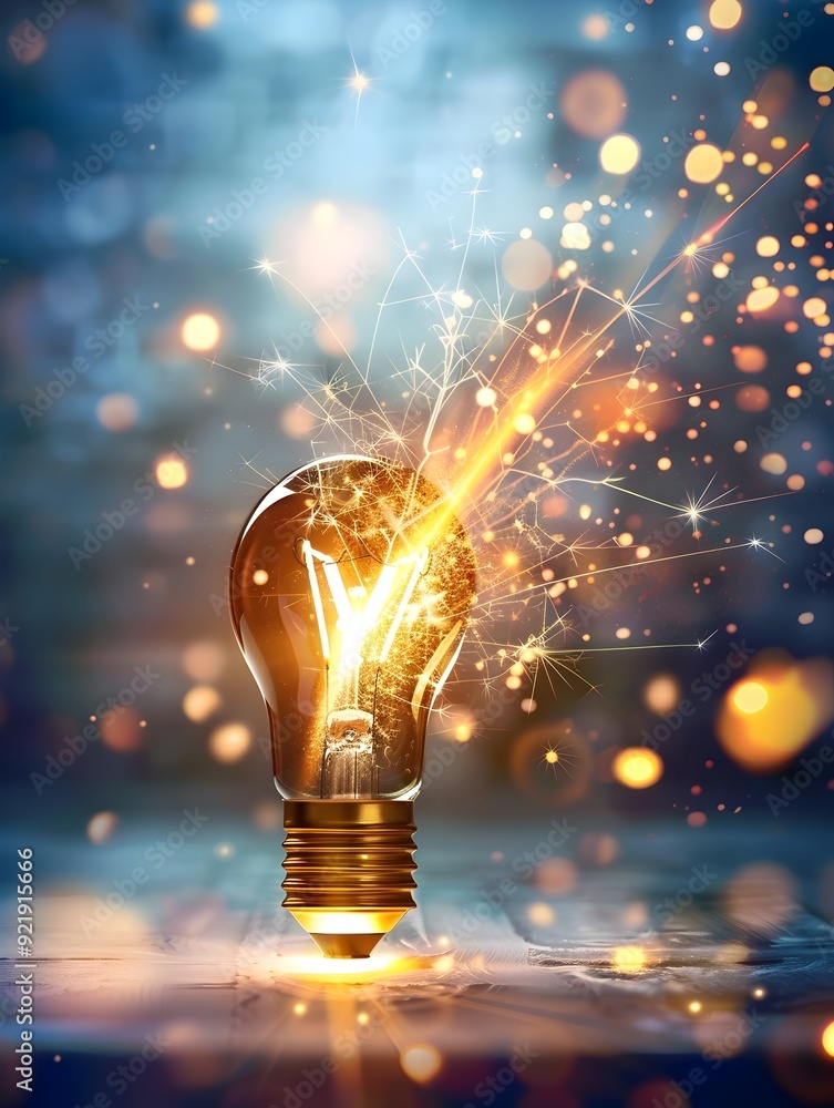 Poster light bulb with sparkles and bokeh.