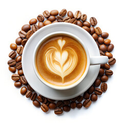 Coffee Mug with Latte Art and Coffee Beans Top View Isolated on White Background