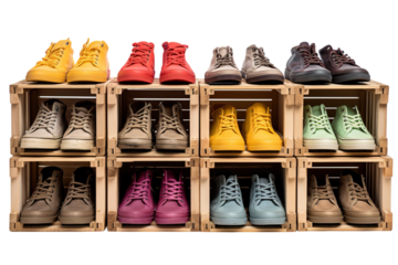 Colorful Collection of Sneakers Displayed Artfully in Wooden Crates During an Indoor Exhibition on White or PNG Transparent Background.