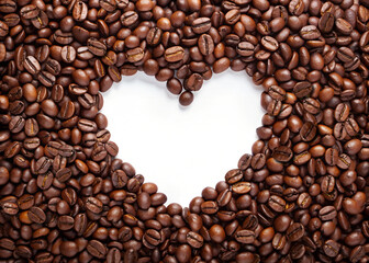Coffee Beans Background with Heart Shaped White Text Space in the Center
