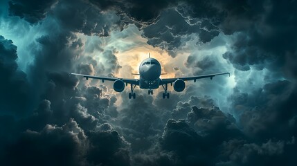 Dramatic Airplane Soaring Through Stormy Skies with Powerful Details