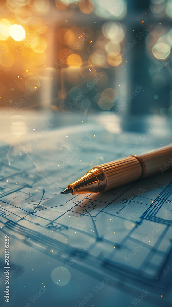 Aufkleber photo realistic concept: planner with blueprint and pen set against dreamy background for community 