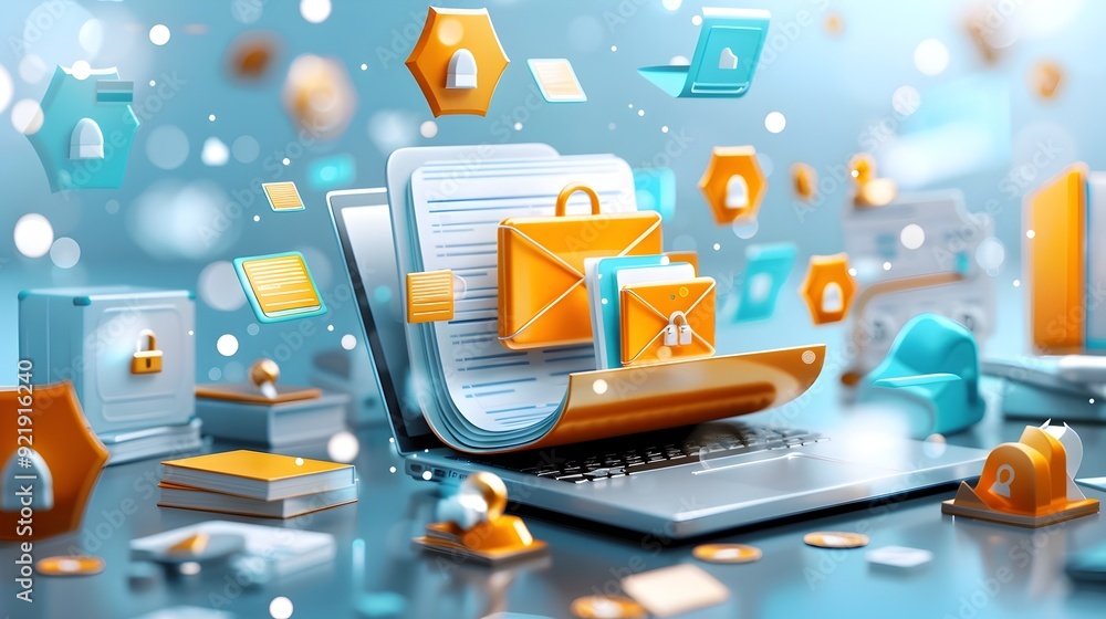 Poster secure digital data transfer with laptop.